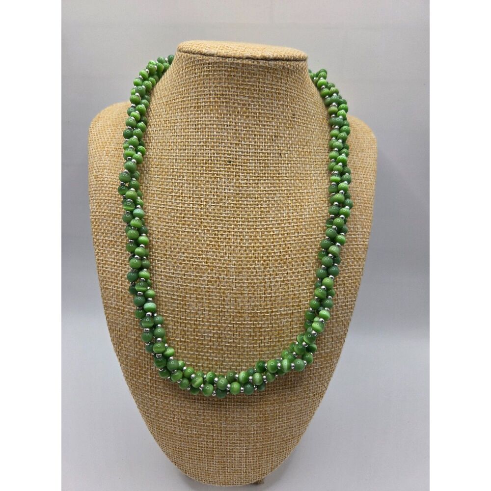 1850. Vintage Triple Strand Green Cats Eye Beaded Necklace